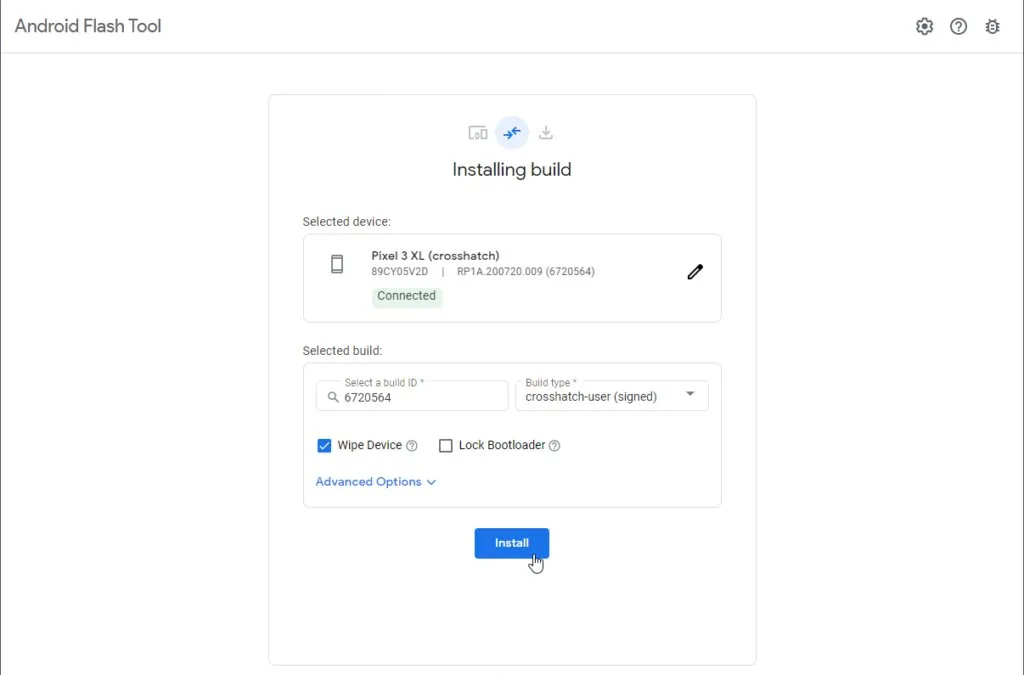 Begin Android 11 installation through Android Flash Tool