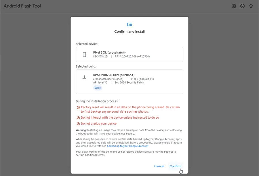 Confirm Android 11 installation via Android Flash Tool