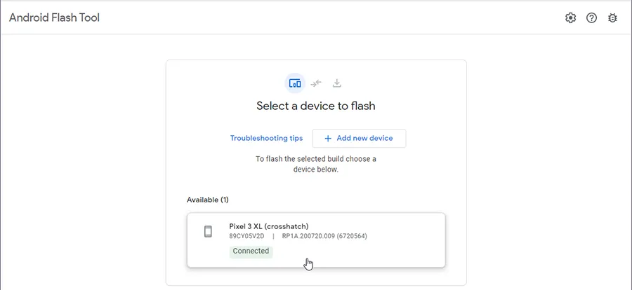 Select connected Google Pixel device for flashing Android 11