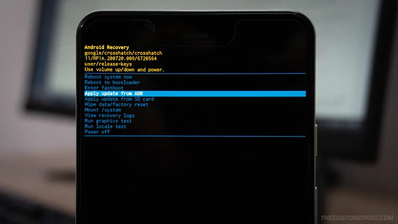 Select 'Apply update from ADB' in Google Pixel Stock Recovery