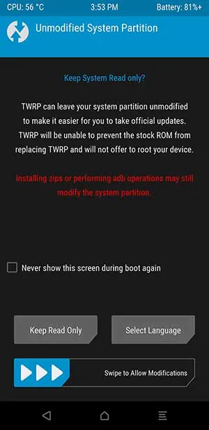 ROG Phone 3 TWRP - Unmodified System Partition Prompt