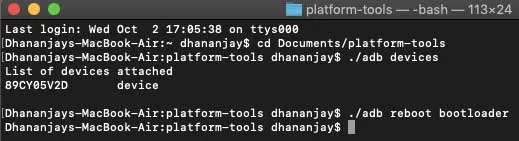 Enter ADB Command in macOS/Linux Terminal to Boot Poco X2 into Fastboot Mode