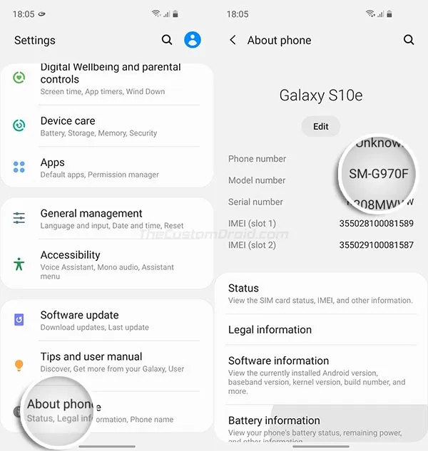 Check Samsung Device Model Number under 'Settings' > 'About phone'