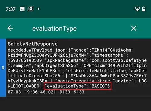 Analyze log file to check 'evaluationType' and verify SafetyNet hardware attestation