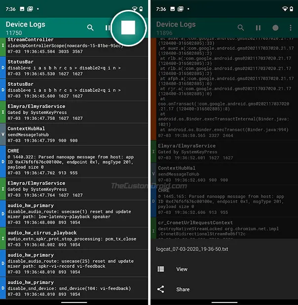 View captured log in the Logcat Recorder app