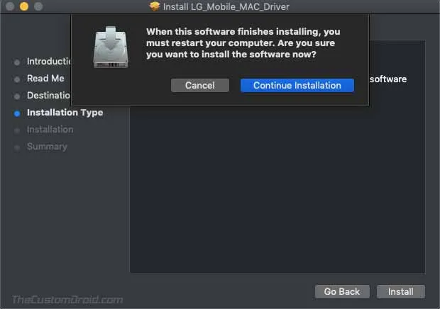 Click on 'Continue Installation' to Install LG Mobile USB Driver on macOS