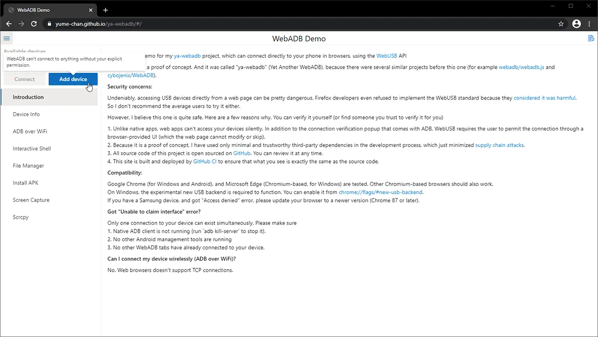 Add your Android device to WebADB app