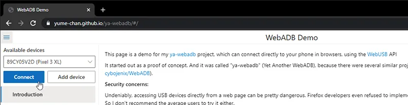 Connect your Android device to WebADB