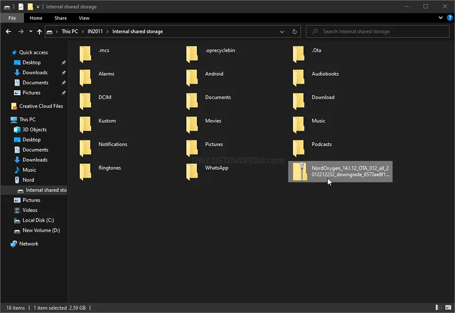 Copy rollback package to OnePlus Nord's internal storage root