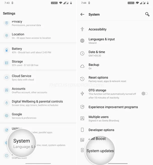Go to Settings > System > System updates on OnePlus Nord