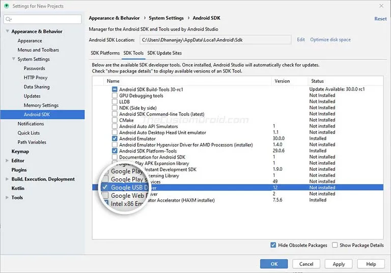 Go to 'SDK Tools' in Android Studio and Select 'Google USB Driver'