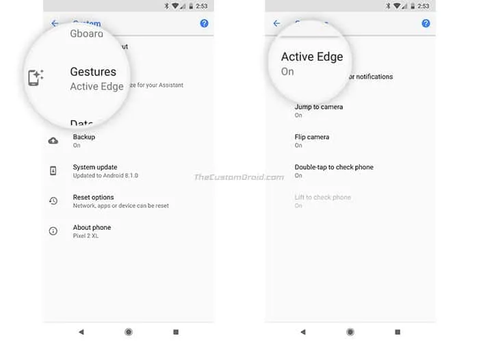 Enable Active Edge on Google Pixel 2 - Go to Gestures
