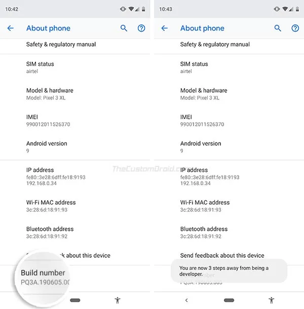 Tap 5 times on Build Number to enable Developer Options