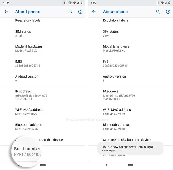 Enable Developer Options on Android Pie - Tap Seven Times on Build Number