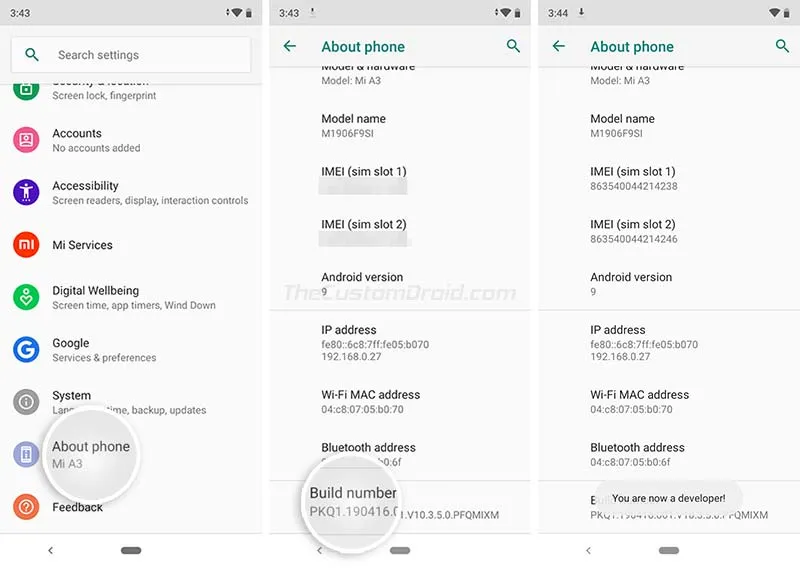Enable OEM Unlocking on Xiaomi Mi A3 - Tap 5 times on 'Build number' section