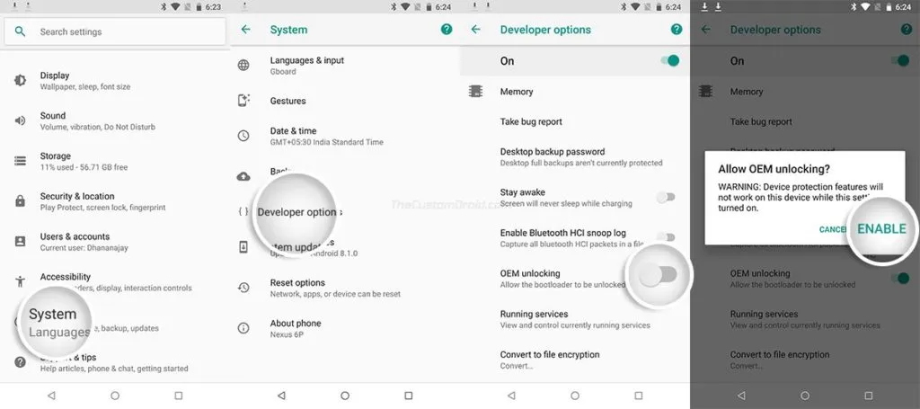 Enable OEM Unlocking on LG Nexus 5X