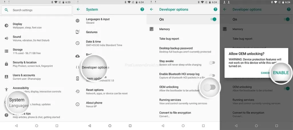 Enable OEM Unlocking on Nexus 6P