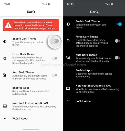 Step 4: Enable System-wide Dark Mode Toggle in DarQ App