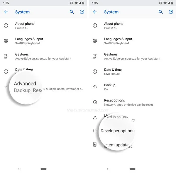 Enable USB Debugging on Android Pie - Go to Settings -> Advanced -> Developer Options 