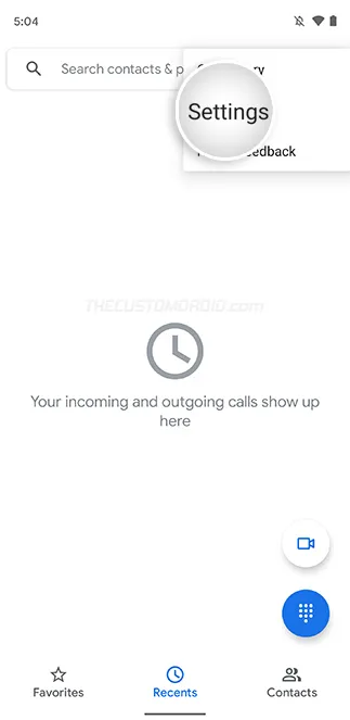 Select 'Settings' in Google Phone App