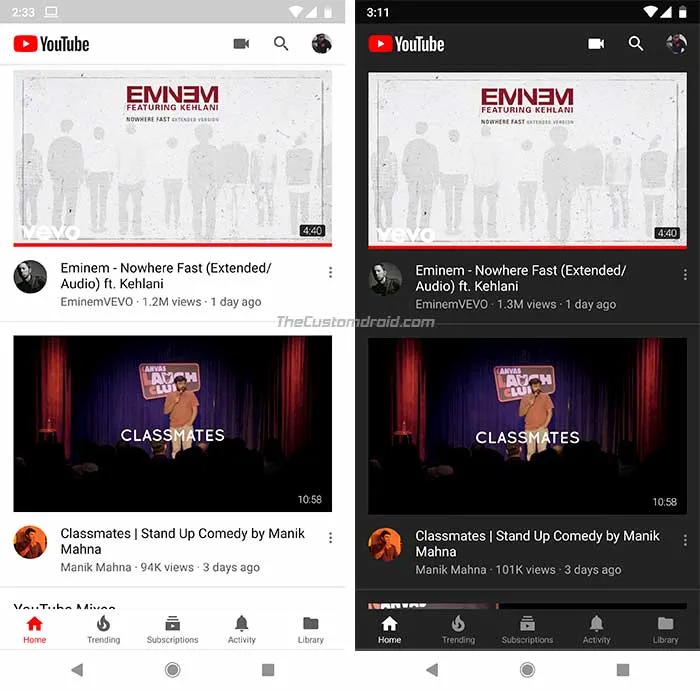 Enable YouTube Dark Mode on Android - Comparison 1