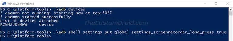 Enter ADB Command to Enable Native Screen Recording in Android 10