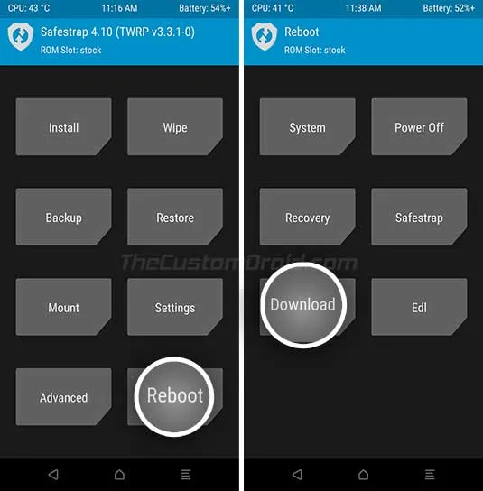 Reboot Galaxy Note 8 Snapdragon into Download Mode using Safestrap Recovery