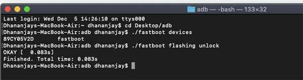 Enter Fastboot Command on macOS/Linux PC to Unlock Bootloader on Realme X50 Pro