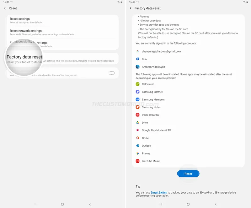 Select "Factory data reset" from the list