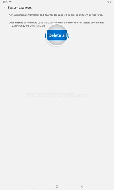 Press "Delete all" to confirm an factory reset Galaxy Tab A7 10.4