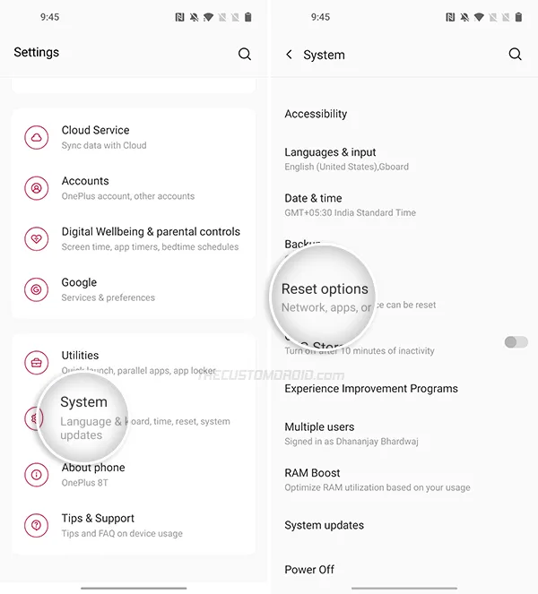OnePlus 8T Factory Reset via Settings - Tap on 'Reset Options'
