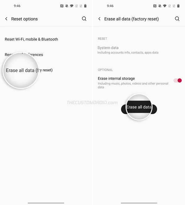 OnePlus 8T Factory Reset via Settings - Select "Erase all data"
