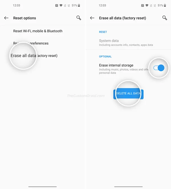OnePlus Nord Factory Reset via Settings - Select "Erase all data"