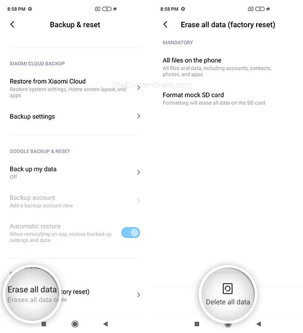 Select 'Erase all data' in the 'Backup & Reset' Settings Menu