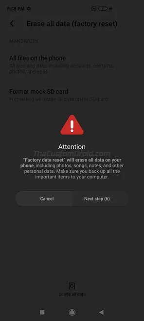 Press 'Delete all data' to perform a factory reset on Poco X2