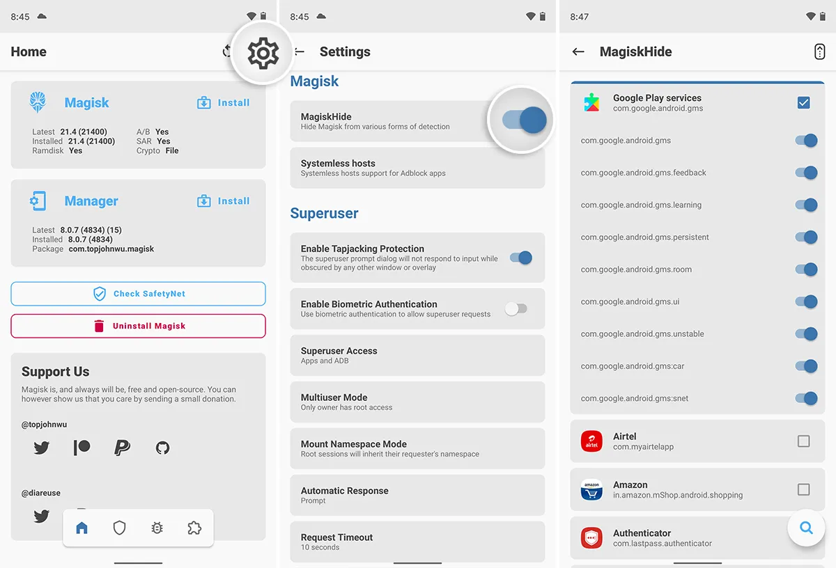 Enable MagiskHide in Magisk Manager