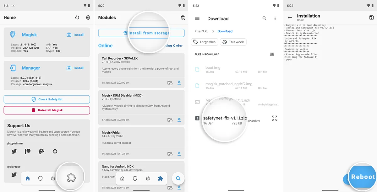 Install Universal SafetyNet Fix module in Magisk Manager