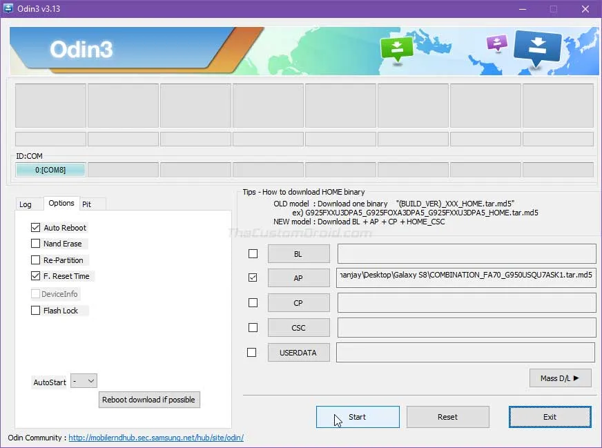 Flash Combination Firmware on Snapdragon Galaxy S8 using Odin