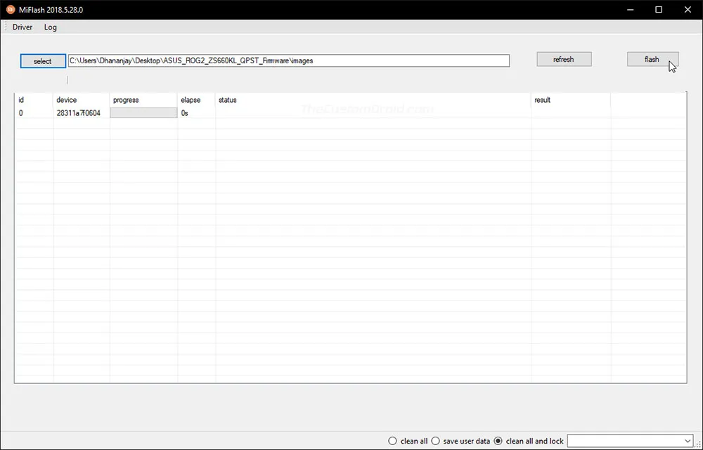 Click on 'flash' to flash firmware on ROG Phone 2 in EDL Mode