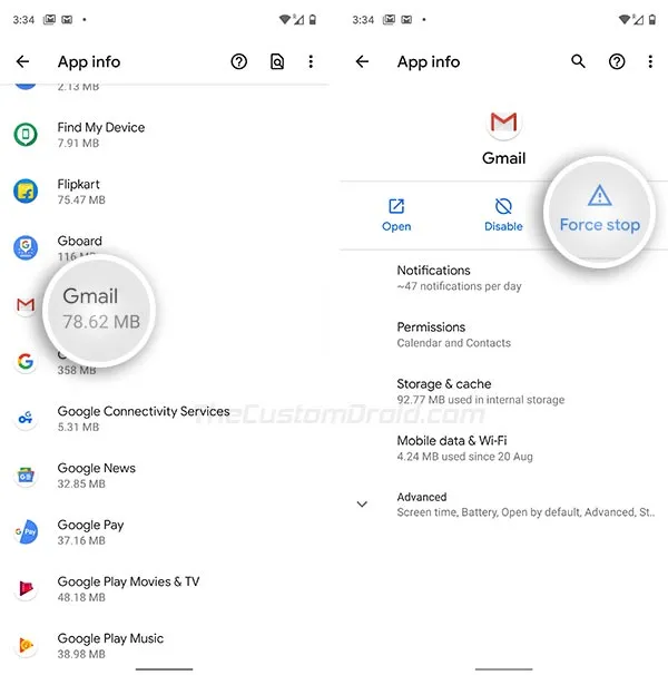 Force Stop Gmail App in Settings