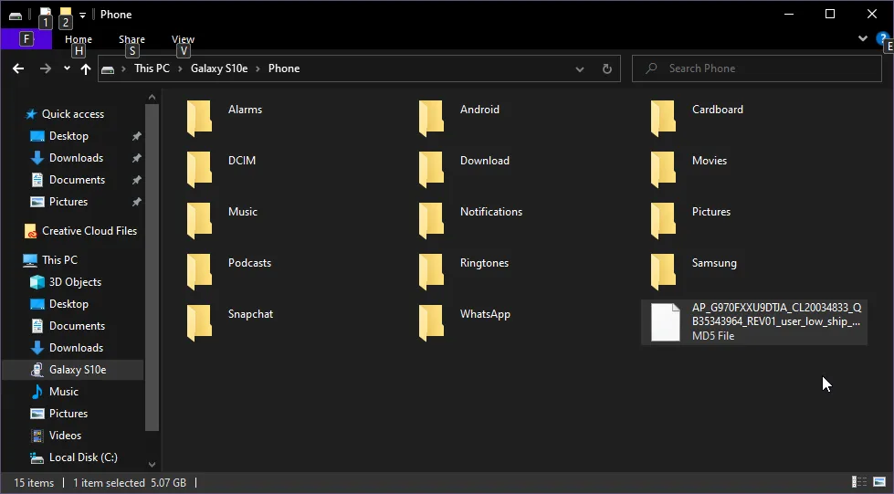 Copy the AP Firmware File to the Galaxy S10