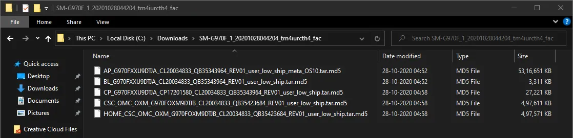 Extracted Galaxy S10 firmware files (AP, BL, CP, and CSC)