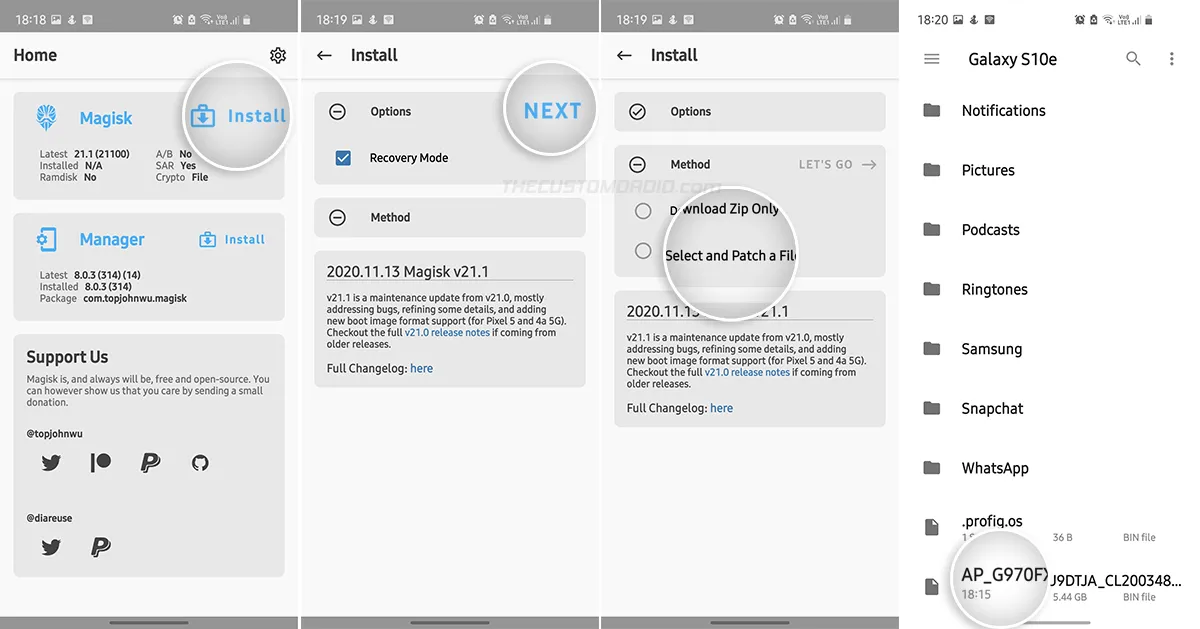 Patch Galaxy S10 AP Firmware via Magisk Manager