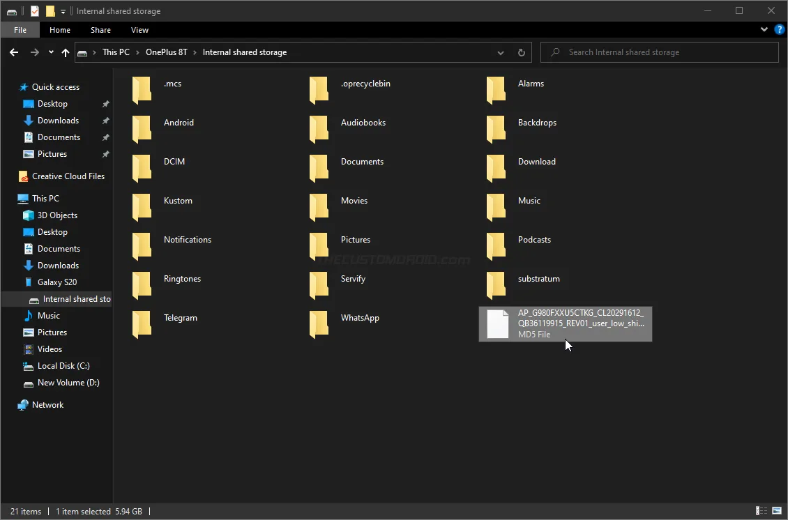 Copy the AP Firmware File to your Galaxy S20's internal storage