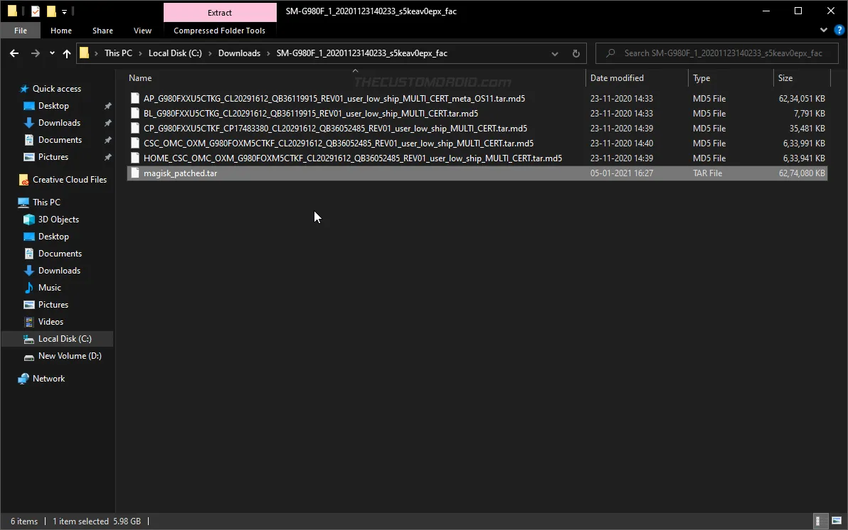 Transfer patched AP firmware from your Galaxy S20 to the computer