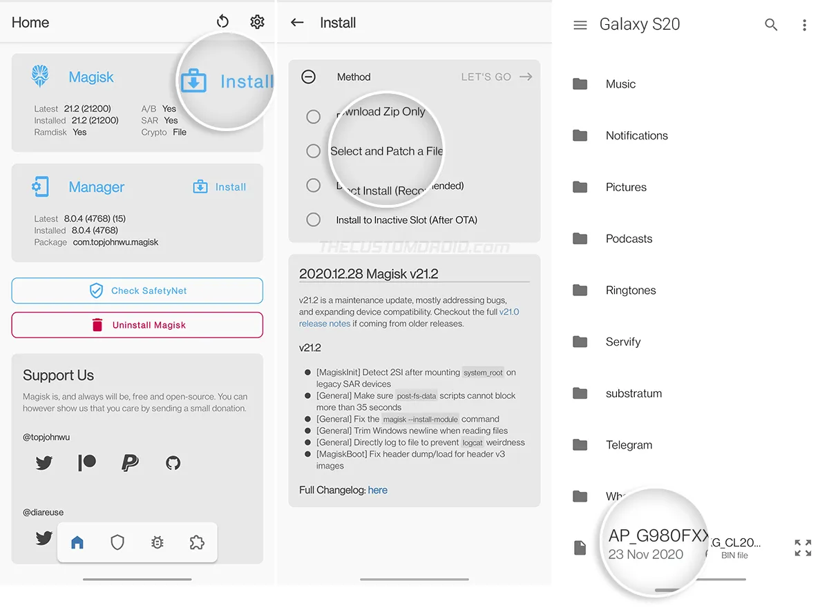 Patch Galaxy S20 AP Firmware via Magisk Manager