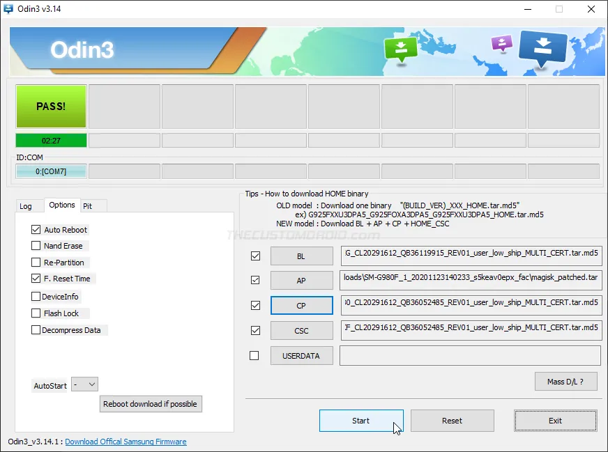 Patched AP firmware successfully flashed on Galaxy S20