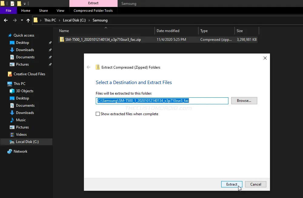 Extract Galaxy Tab A7 firmware package on computer