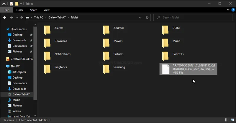 Copy AP firmware file to Galaxy Tab A7 internal storage