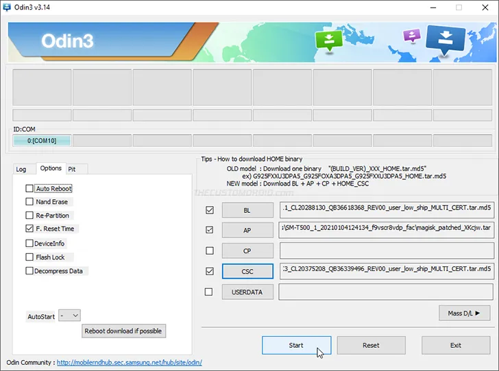 Flash Patched AP Firmware using Odin to root Galaxy Tab A7 10.4